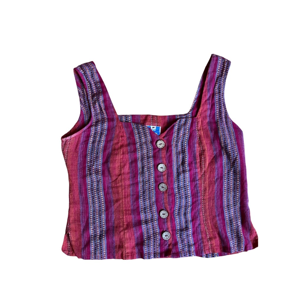 Vintage Made in Nepal Striped Button Front Tank Top Magenta Boho Woven S/M